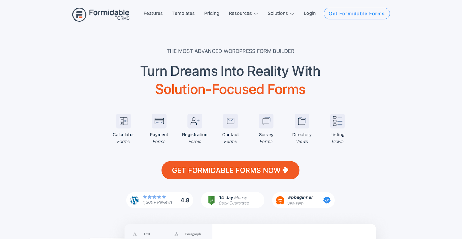 Formidable Forms homepage with the text "turn dreams into reality..."