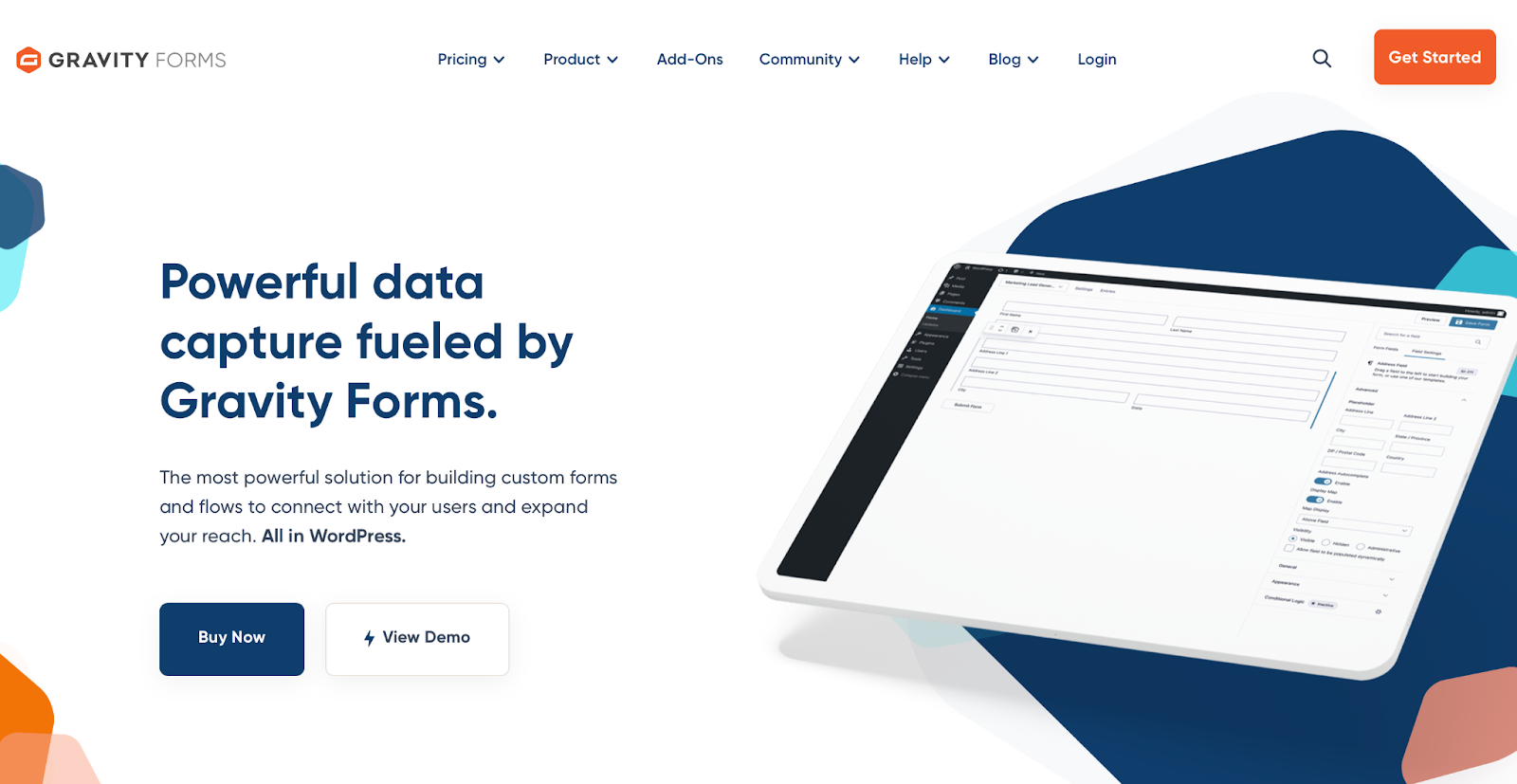 Gravity Forms homepage with the text "powerful data capture fueled by Gravity Forms"