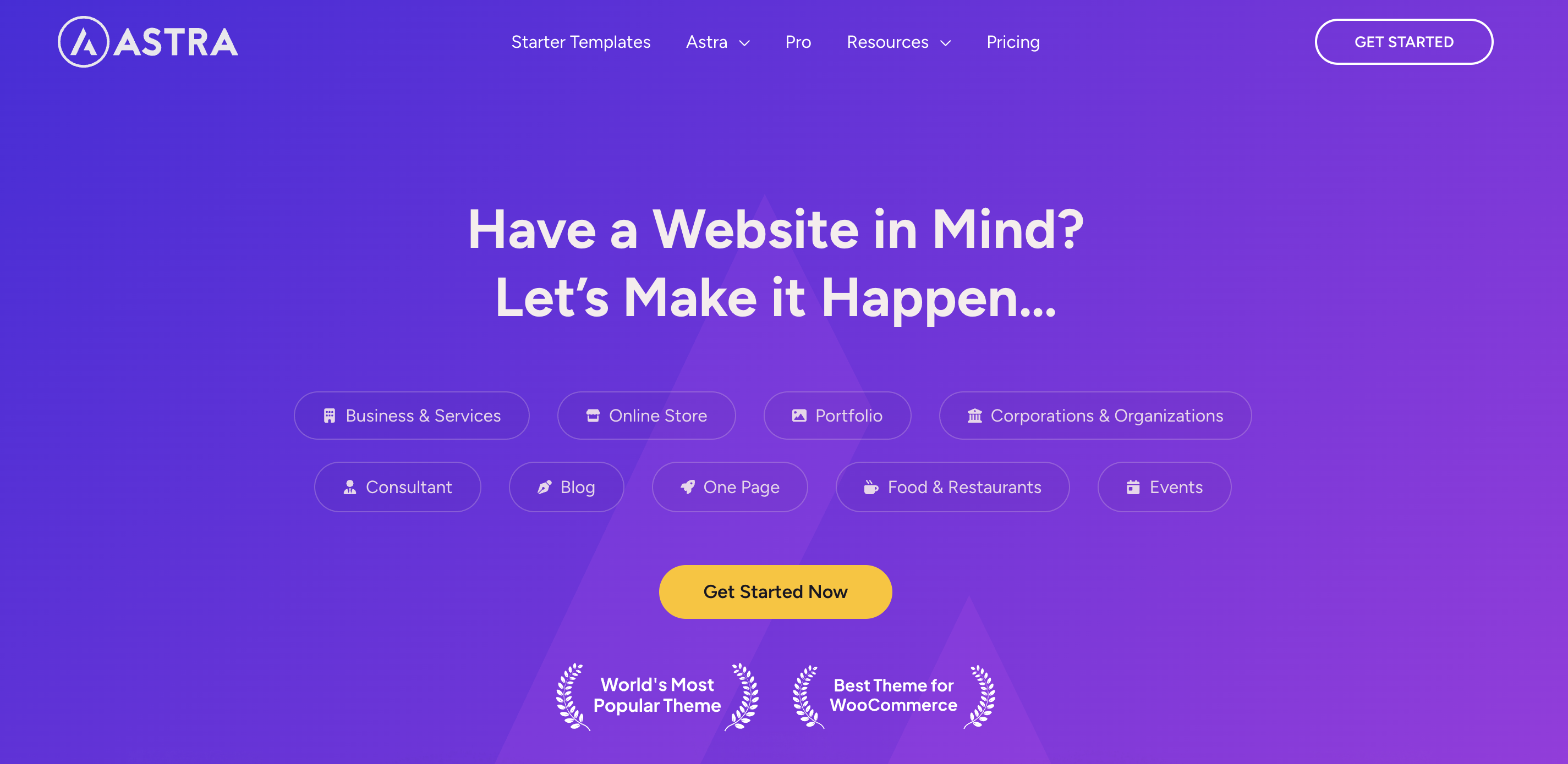 Astra homepage with the text "have a website in mind? Let's make it happen"