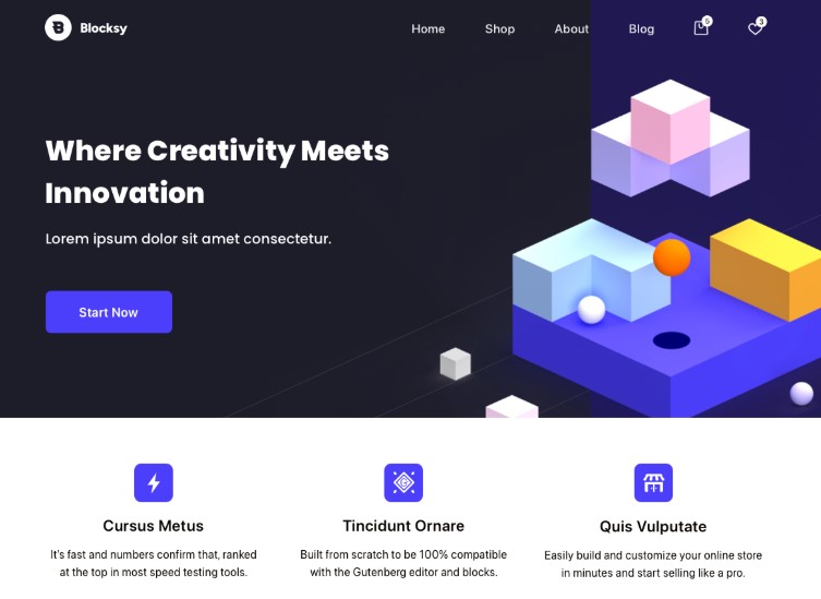 Blocksy homepage hero section with a large title, paragraph copy, and a "start now" button.