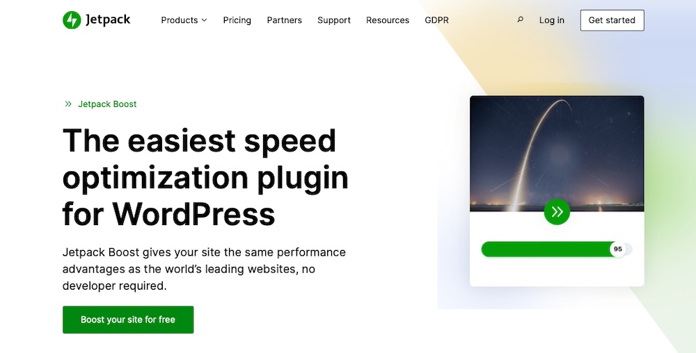 Página de inicio de Jetpack Boost con el texto «el plugin de optimización de velocidad más fácil para WordPress»