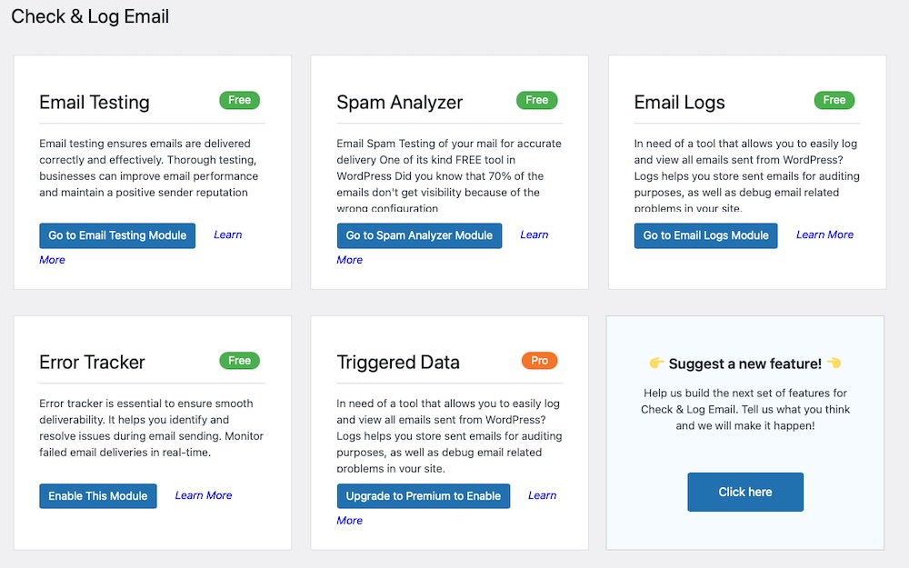 Check and Log email logging plugin feature list from with the WP dashboard, showing free and premium features. 