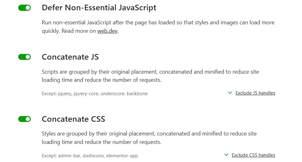 Jetpack boost code optimization settings with Defer Non-essential JS, Concatenate JS, and Concatenate CSS options enabled.