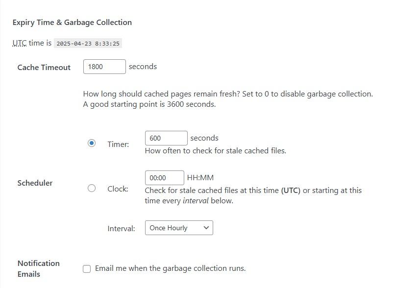 WP Super Cache Expiry Time and Garbage Collection settings from within the plugin dashboard.