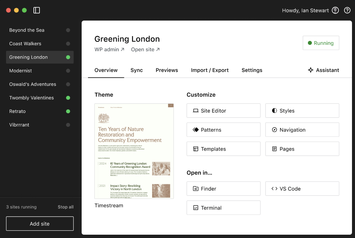 example of a local dev environment with a list of sites on the left