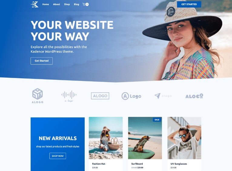 Kadence homepage hero section with a large title, paragraph copy, icons of brands that use their product, and a "get started" button.