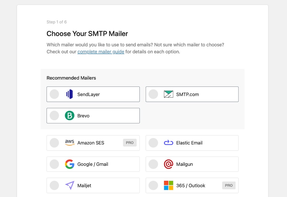 Step 1 of 6 in the WP Mail SMTP setup wizard, asking for preferred mailers.