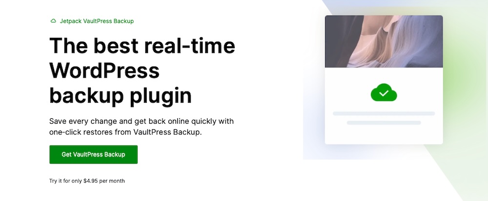 Página de inicio de Jetpack VaultPress Backup con el texto «el mejor plugin de copias de seguridad de WordPress en tiempo real»
