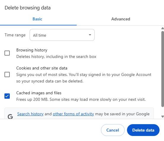 Chrome's browser settings for Privacy and Security with the Cached images and files selected for removal.