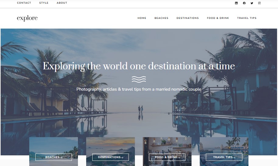 Example of a homepage built with the GeneratePress block theme with navigation, a full page hero section, and visual navigation below.