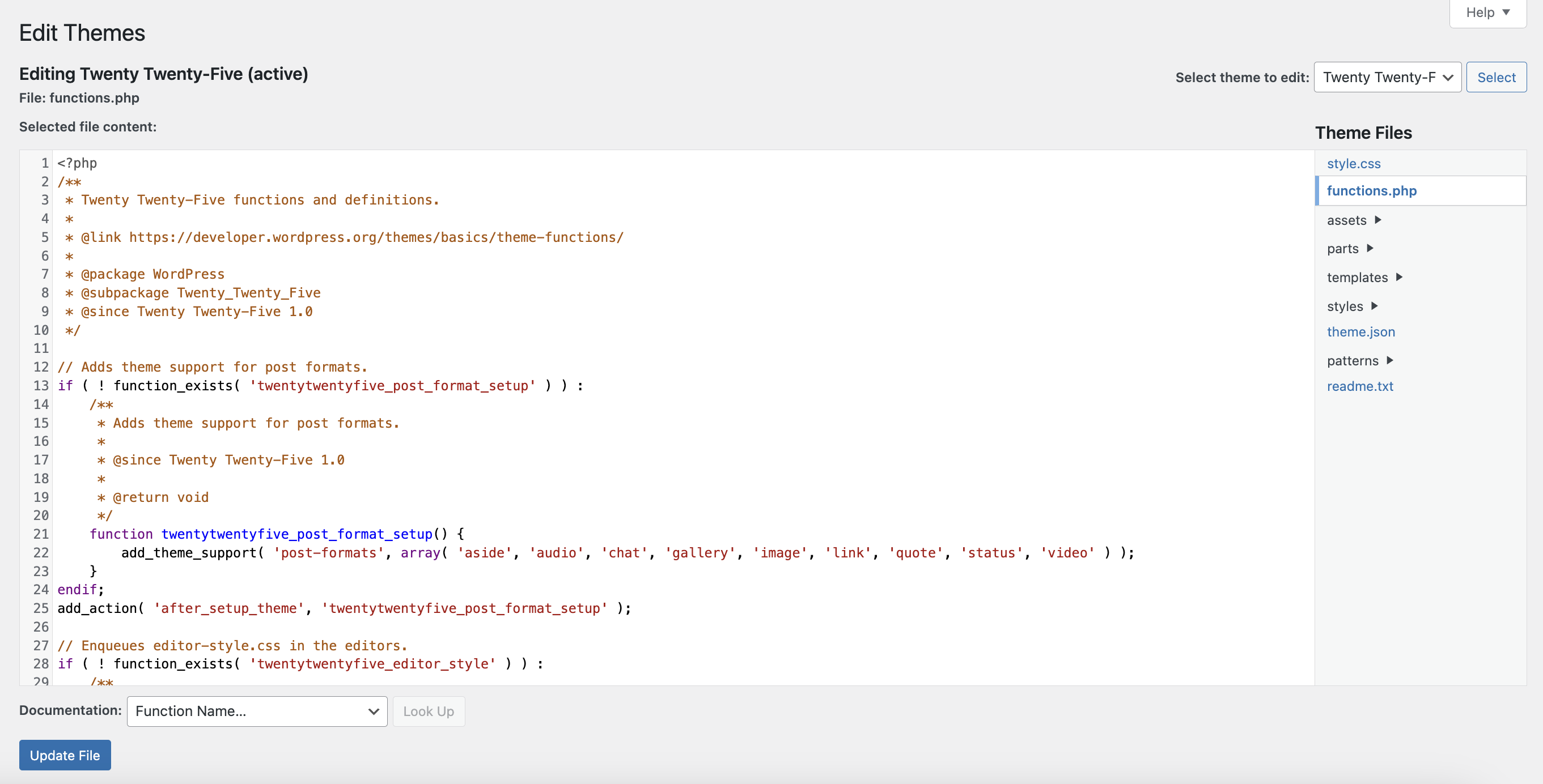 Editing the functions.php file
