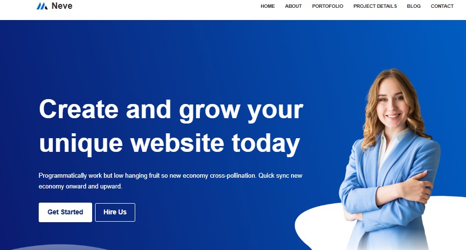 Neve homepage hero section with a large title, paragraph copy, as well as "get started" and "hire us" buttons.