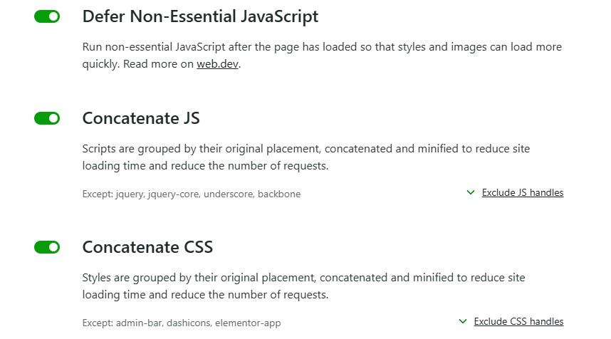 Jetpack Boost's code optimization settings for CSS and Javascript concatenation, minification, and deferment.