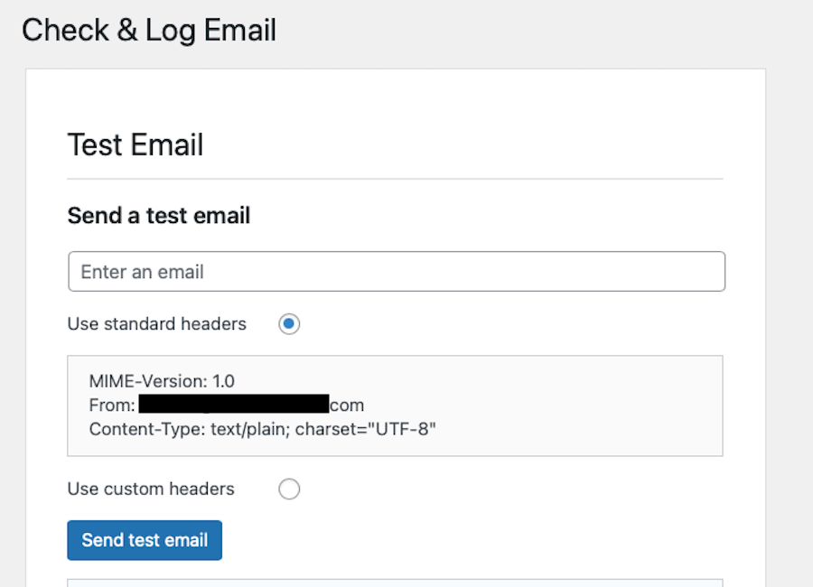Check and Log plugin's test email tool with standard and customized header options.