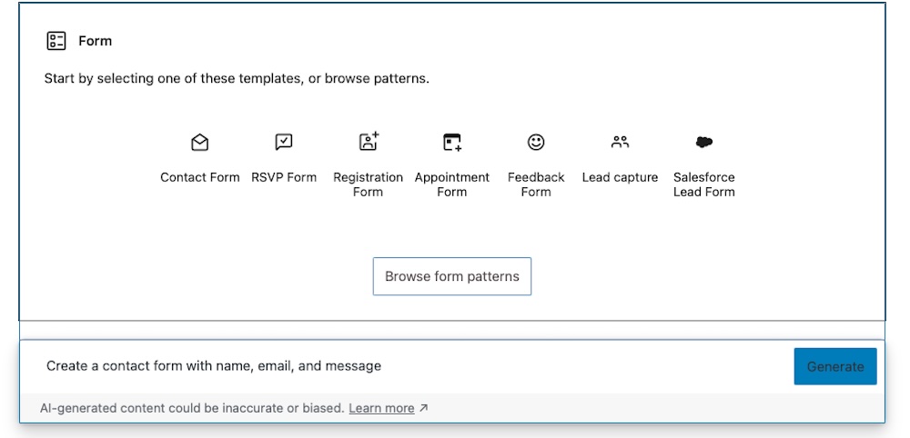 Form AI prompt used to generate a starting point for your Jetpack Form.