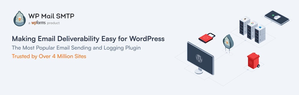 WP Mail SMTP deliverability plugin banner with logo, title, subtitle, and addition text. 