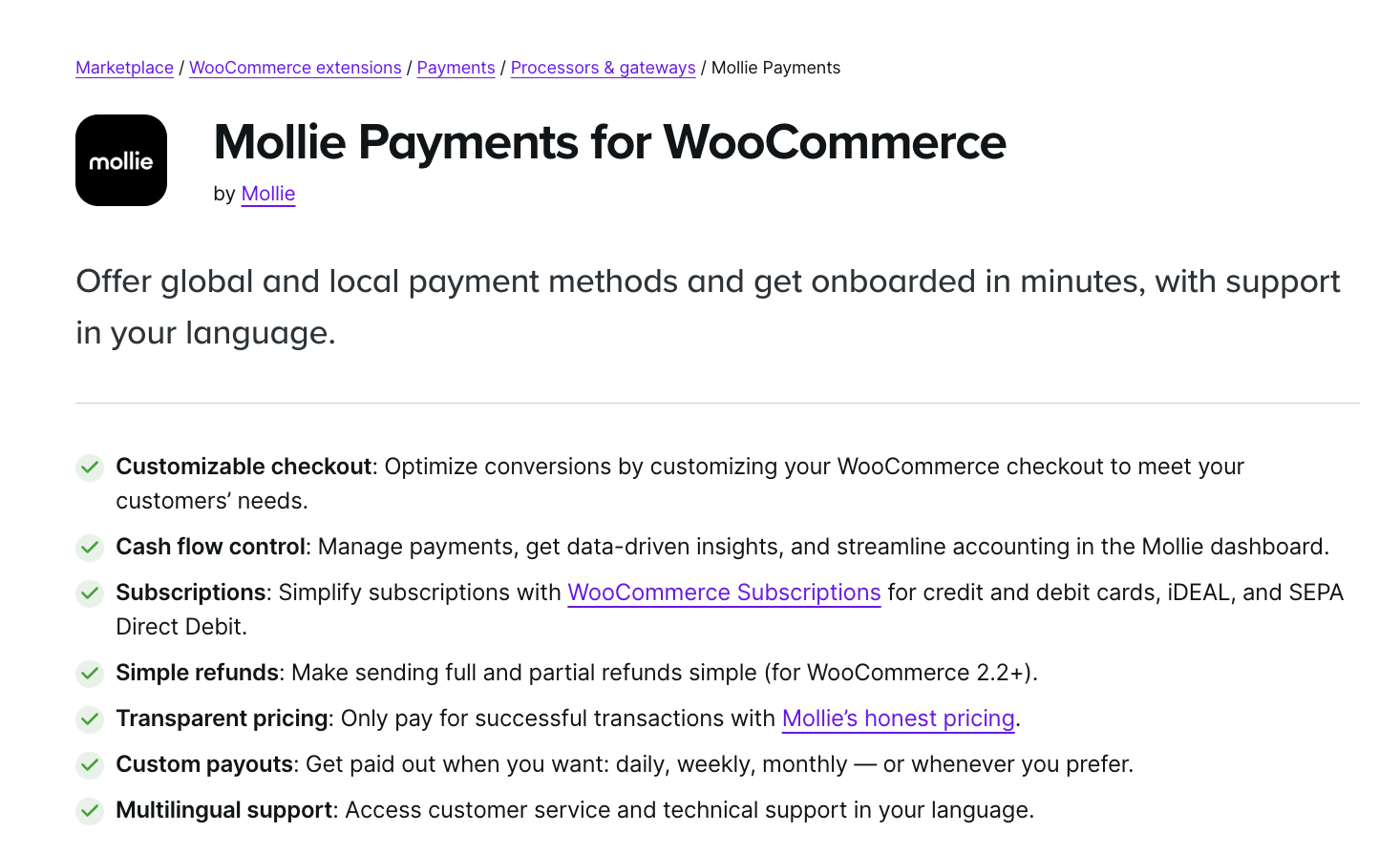 Mollie Payments for WooCommerce extension page