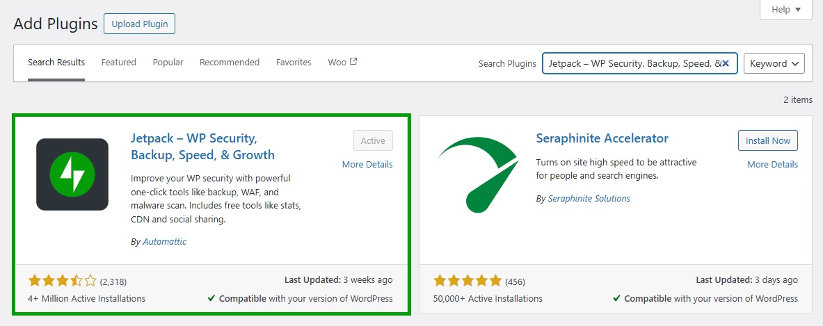 Jetpack plugin in the WP plugin repository available in the WP Dashboard.