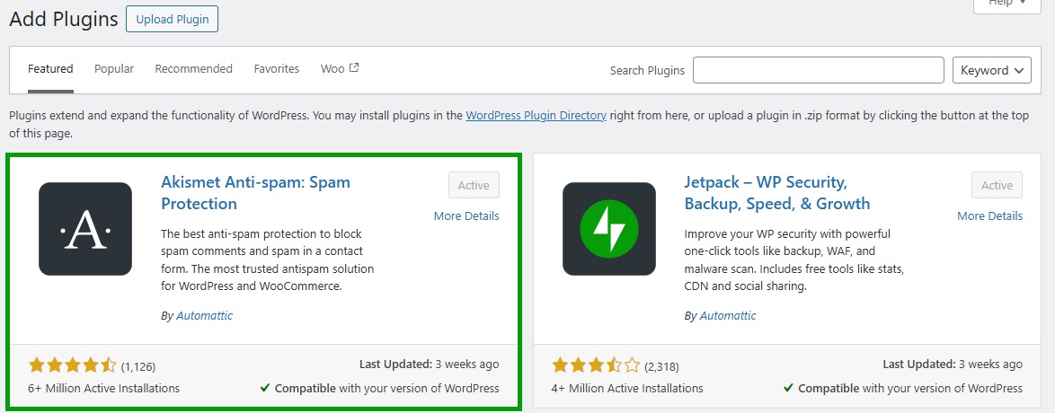 Akismet Anti-spam plugin repository available in the WP Dashboard.
