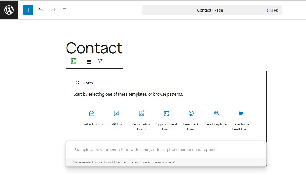 Jetpack Form template and AI prompt available within the block builder. 