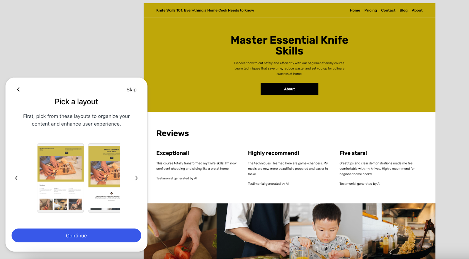 Rough draft of the landing page build with WordPress.com's AI  Website Builder ready for refinement with suggested layouts.