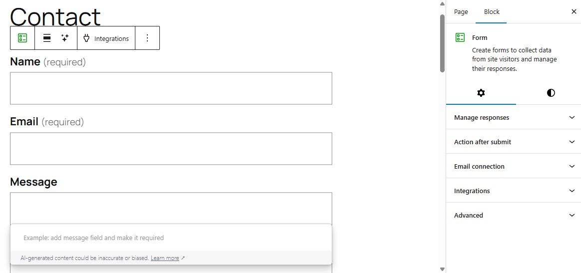 Jetpack Form generated within the standard block editor in WordPress.