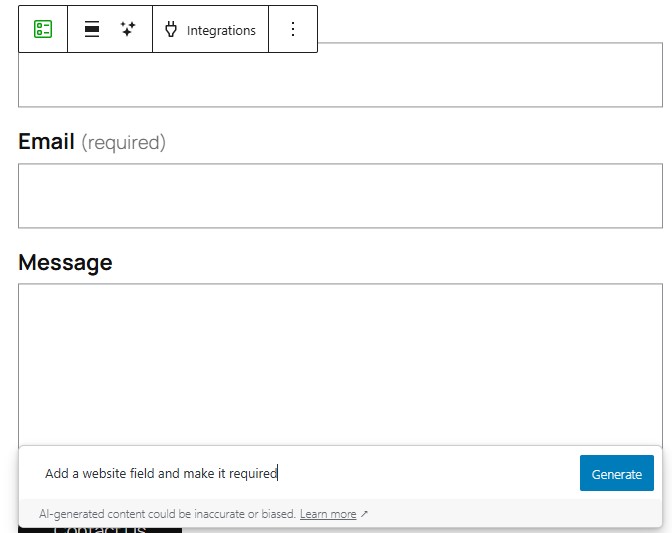 Jetpack Form AI prompt making updates to a form that has already been created an added via the block editor. 