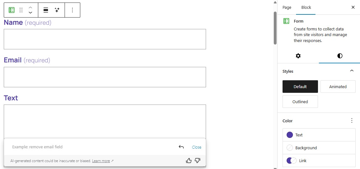 Jetpack Form in the WP block editor with style panel exposed and text color updated. 