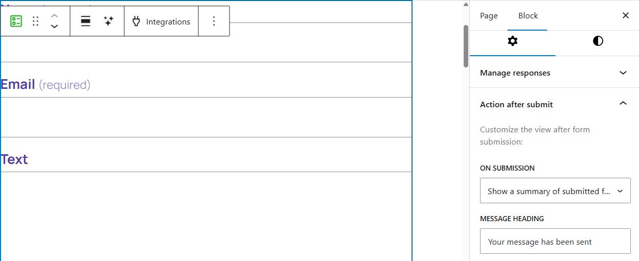 Jetpack Form in the WP Block Editor "Action after submit" options showing a summary of submitted fields along with the message 'your message has been sent'.