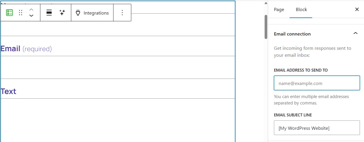 Jetpack Form in the WP Block Editor showing email connection options with "email address to send to" field.