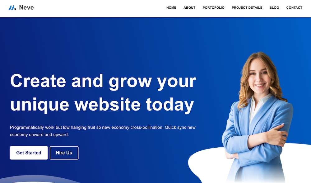 Neve theme demo with a blue background and white text