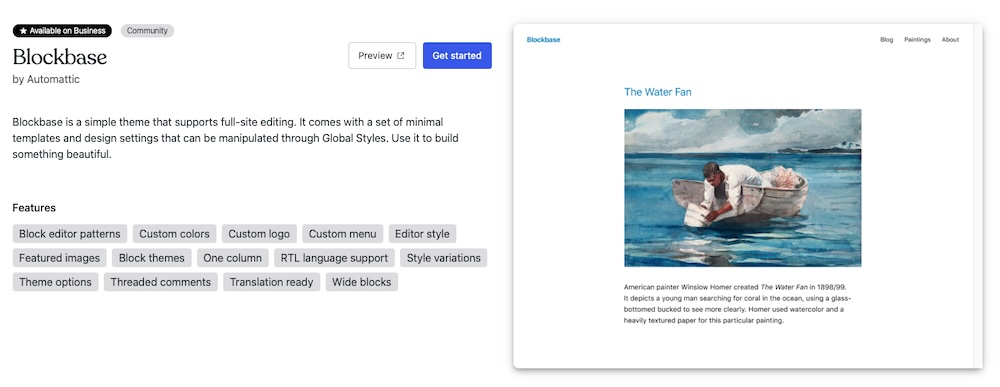 Blockbase theme listing with tags for different included features