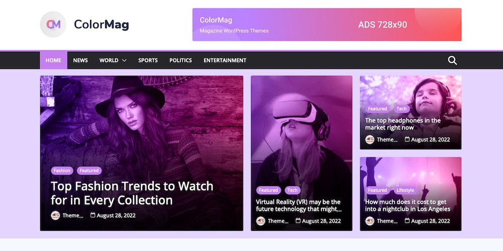 ColorMag theme page with purples and pinks