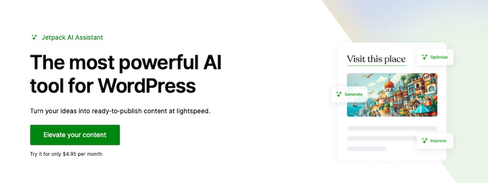 Jetpack AI Assistant page with the text "the most powerful AI tool for WordPress"