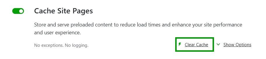 Jetpack Boost Page Caching options with the "clear cache" link highlighted. 