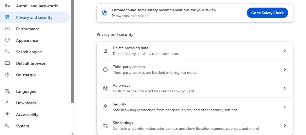 Chrome's browser settings for Privacy and Security - this is where you can delete browsing data.