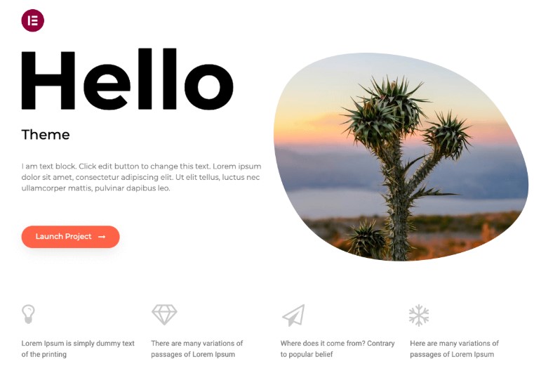 Elementor theme product page hero section with title, paragraphy copy, and a "launch project" button.