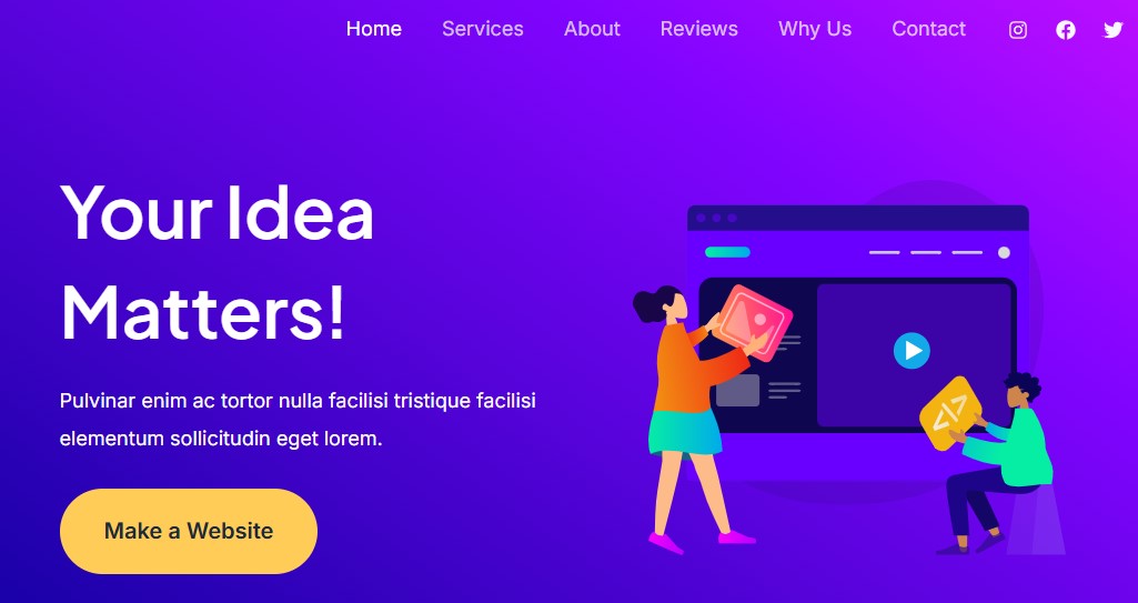 Astra homepage hero section with a large title, paragraph copy, and a "make a website" button.