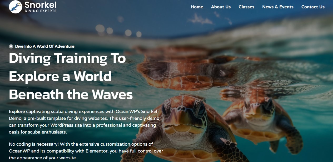 Homepage hero section of a diving expert website built on OceanWP with a large title and paragraph copy.