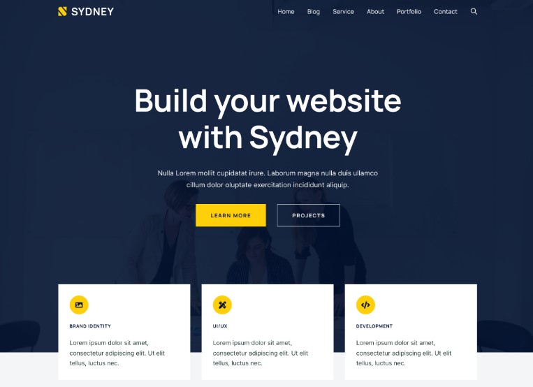 Sydney homepage hero section with a large title, paragraph copy, as well as "learn more" and "projects" buttons.