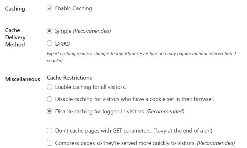 WP Super Cache plugin settings showing caching as enabled with a simple delivery method, but disabled for logged in visitors.