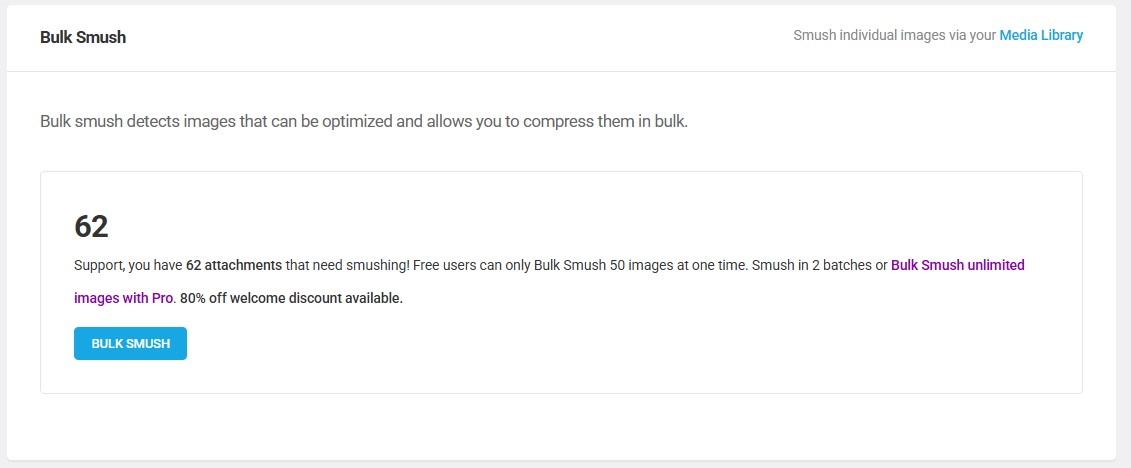 Smush plugin "bulk smush" option with simple instructions and a "bulk smush" button.