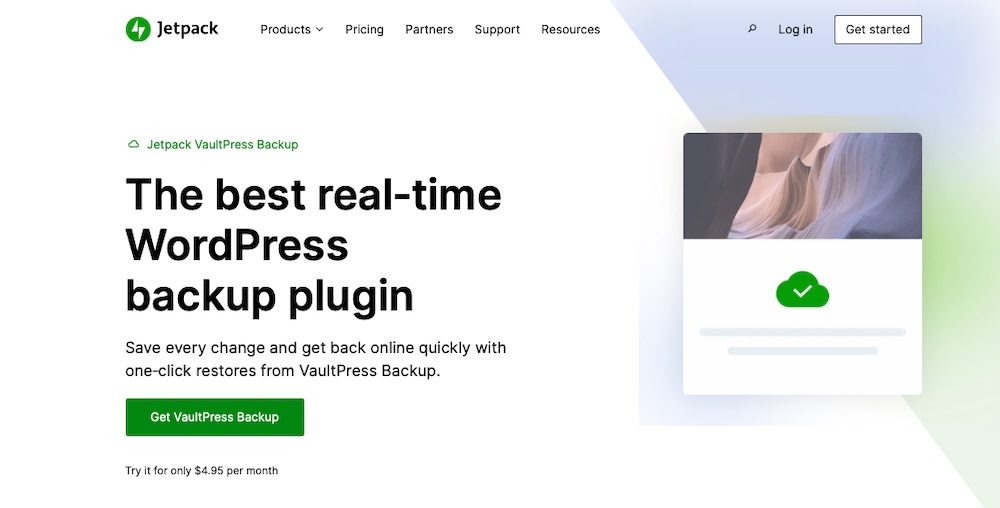 Jetpack VaultPress Backup page with the text "the best real-time WordPress backup plugin"