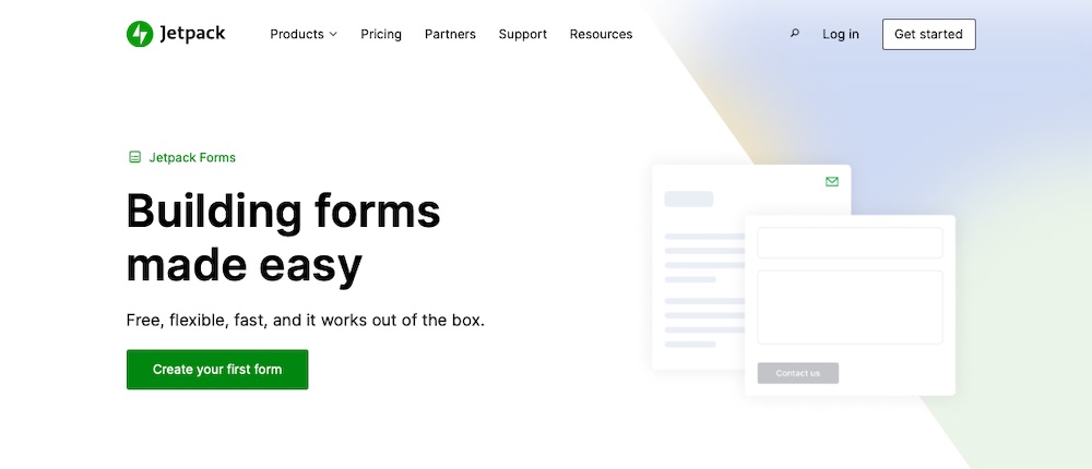 Jetpack Forms homepage hero section with title, subtitle, image, and "create your first form" button.