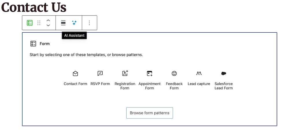 Form template selection within the Jetpack Forms dashboard, displayed as a list of form types with related icons.