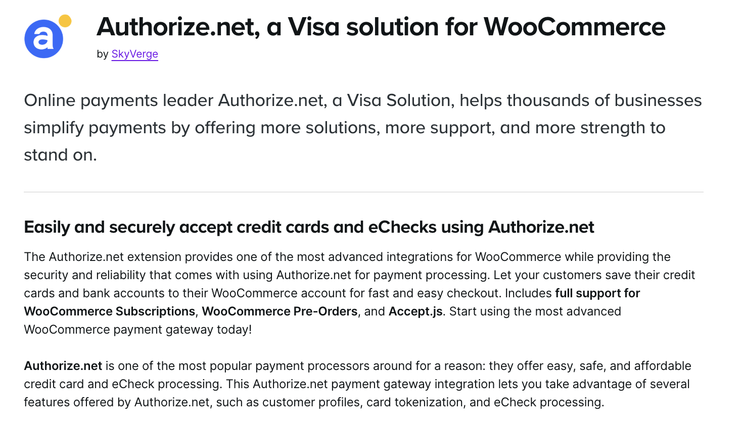 Authorize.net WooCommerce extension page