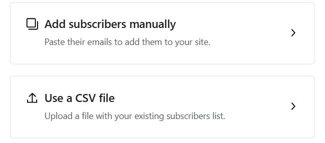 Jetpack Newsletter Add Subscribers options to add manually or via CSV file upload.