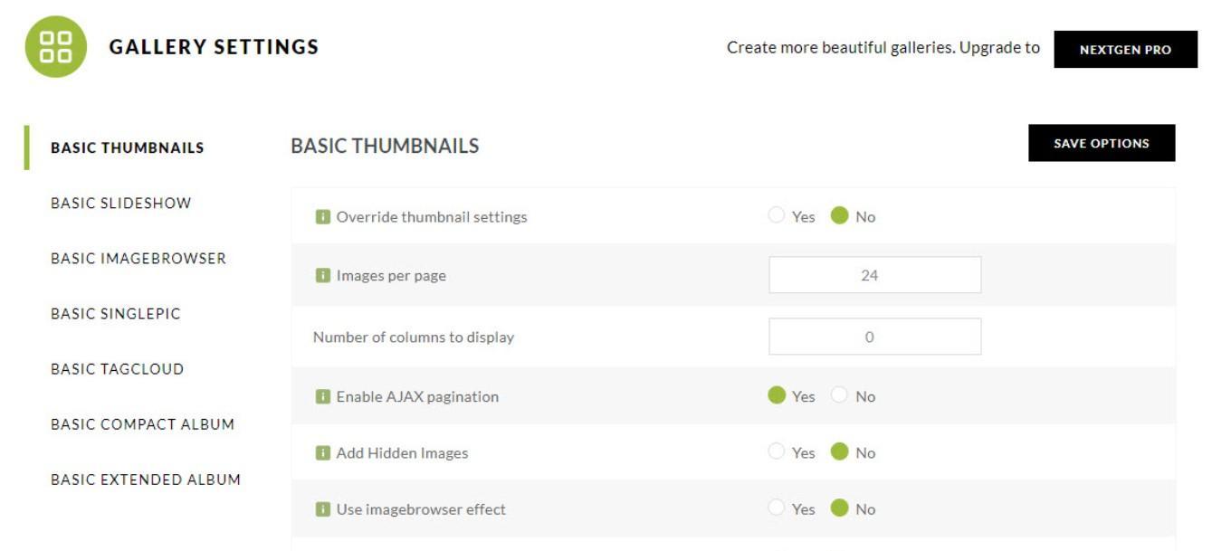 NextGEN Gallery basic thumbnail options and settings.