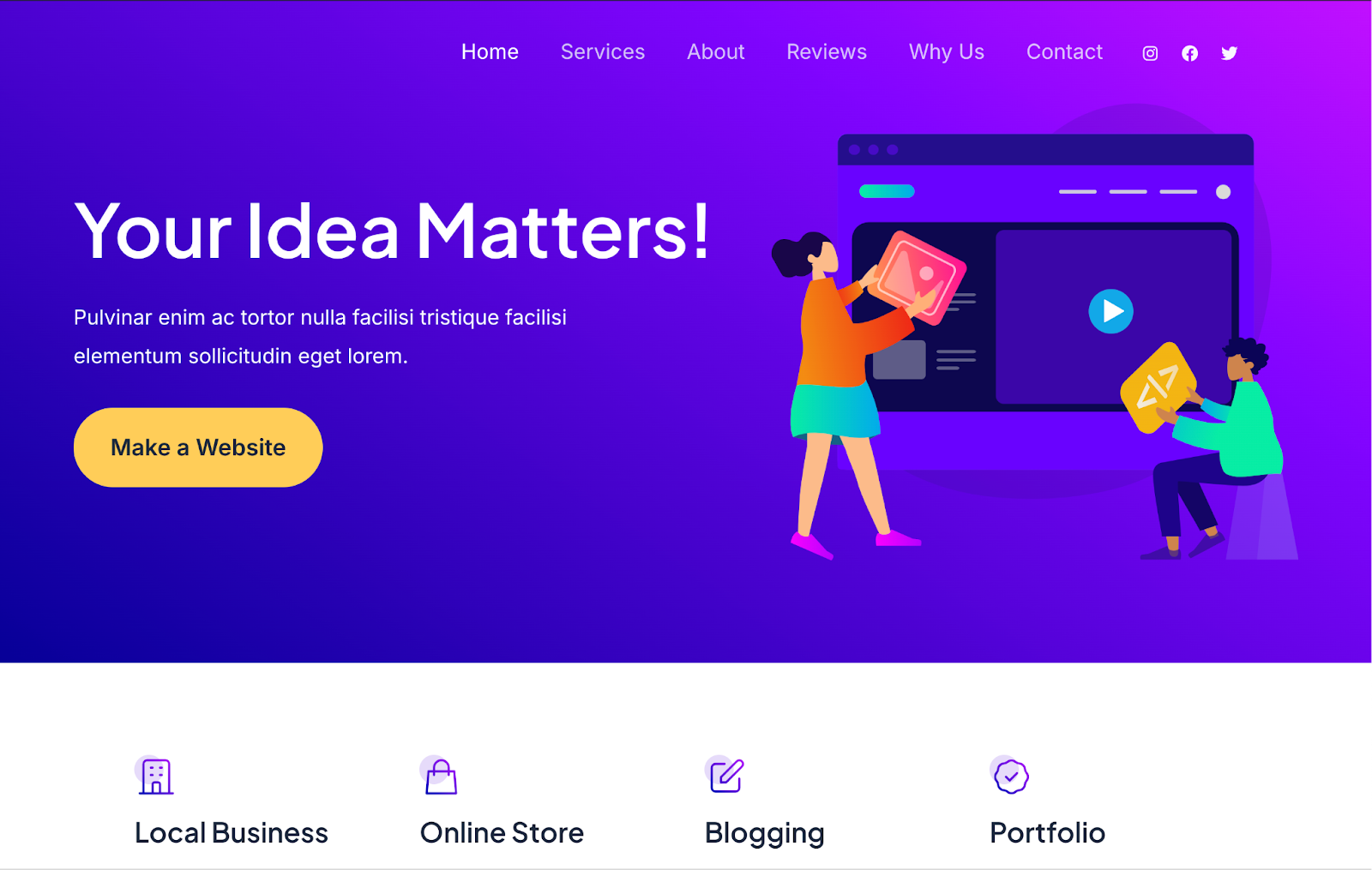Astra Theme homepage hero section with title, paragraph, and 'make a website' button.