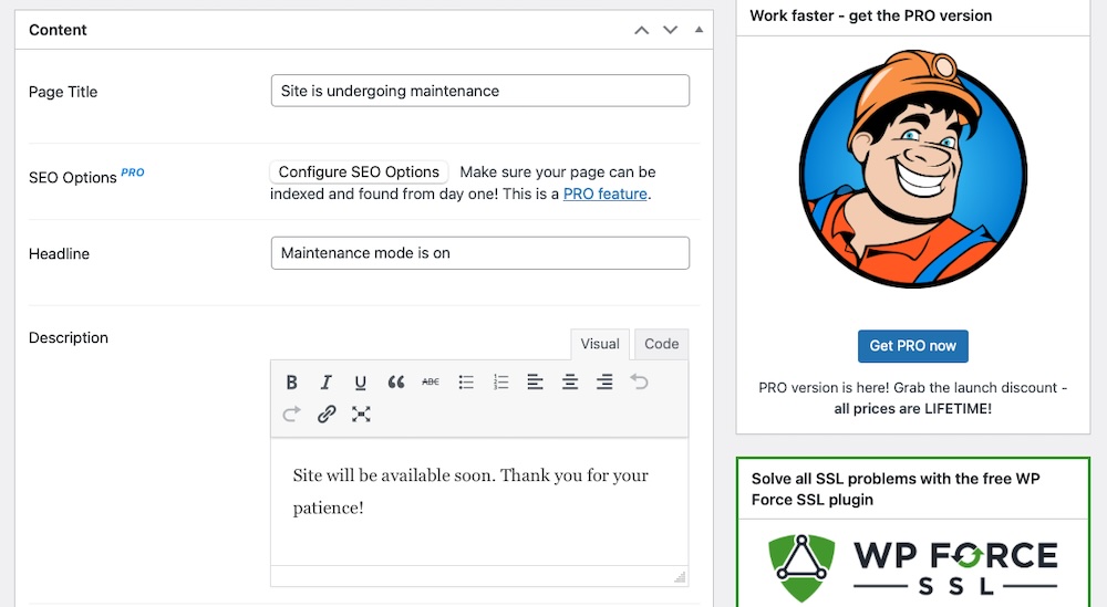 settings for a maintenance page